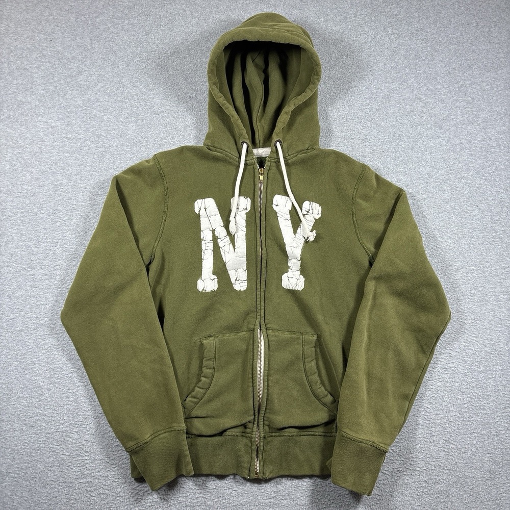 VTG Hollister Hoodie Men Large Olive Green NY Heavyweight Zip Up Sweatshirt Y2K